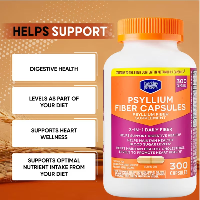 berkley jensen Daily Psyllium Husk Supplement, Natural Fiber for Men & Women - Fiber Capsules for Digestive Health, Easing Constipation, Aiding Nutrient Absorption, Made in USA