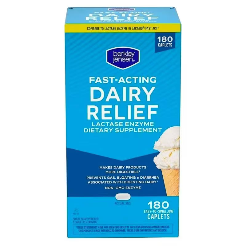 berkley jensen Maximum Strength Fast Acting Lactase Enzyme 9000 FCC - Natural Dairy Relief Digestive Supplement - Helps Prevent Bloating, Gas, Loose Bowels Due to Lactose Intolerance, 180 Tablets