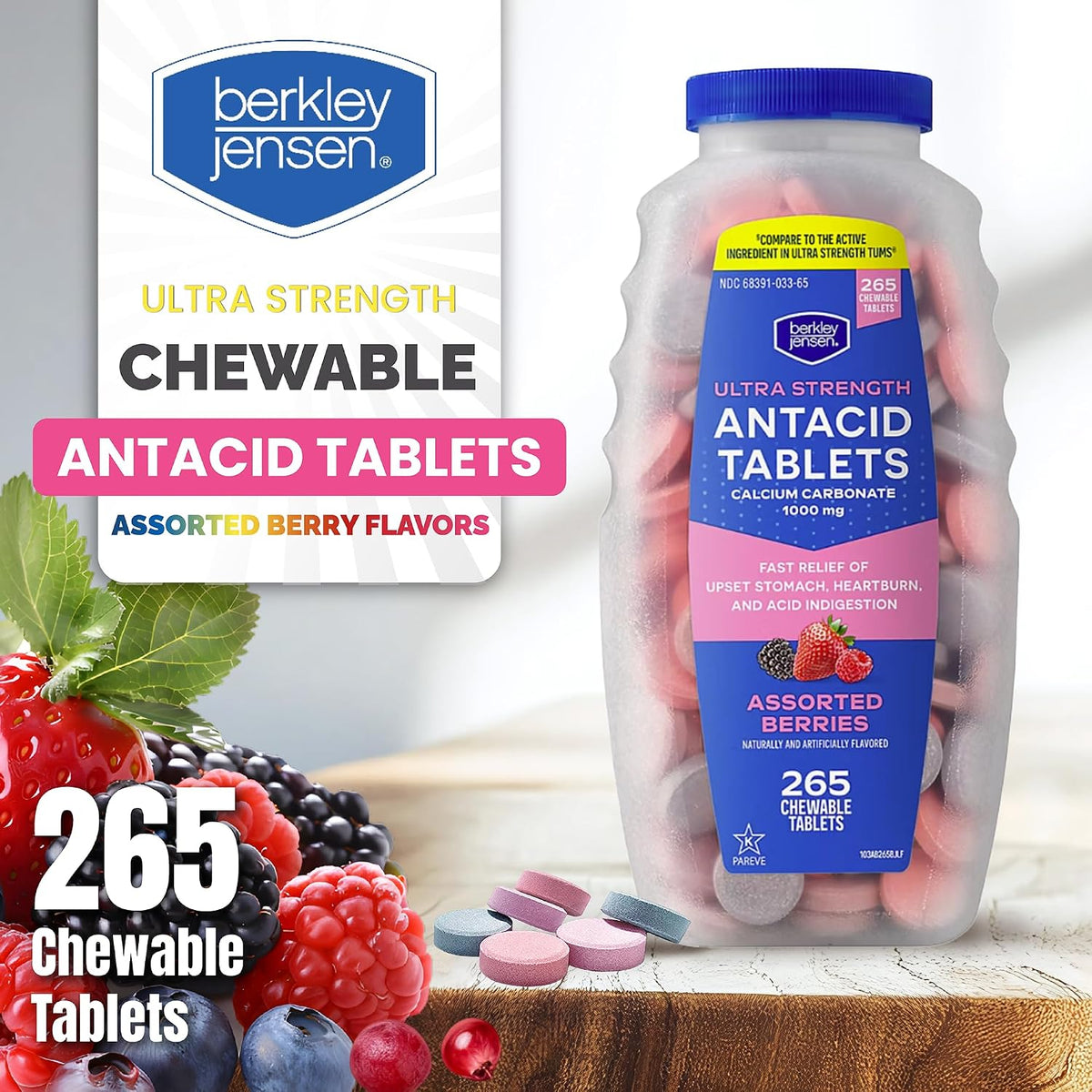 berkley jensen Ultra Strength Antacid Tablets Chewable - 1000mg Calcium Carbonate Antacids for Heartburn, Acid Indigestion, Assorted Berry Flavor - 265 Count (Pack of 1)