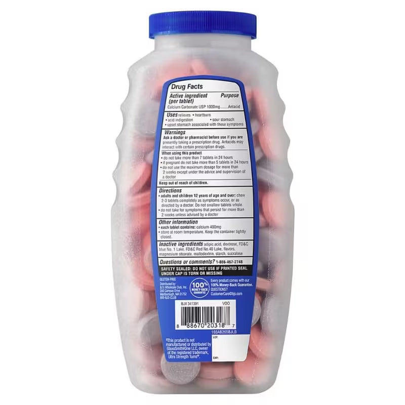 berkley jensen Ultra Strength Antacid Tablets Chewable - 1000mg Calcium Carbonate Antacids for Heartburn, Acid Indigestion, Assorted Berry Flavor - 265 Count (Pack of 1)