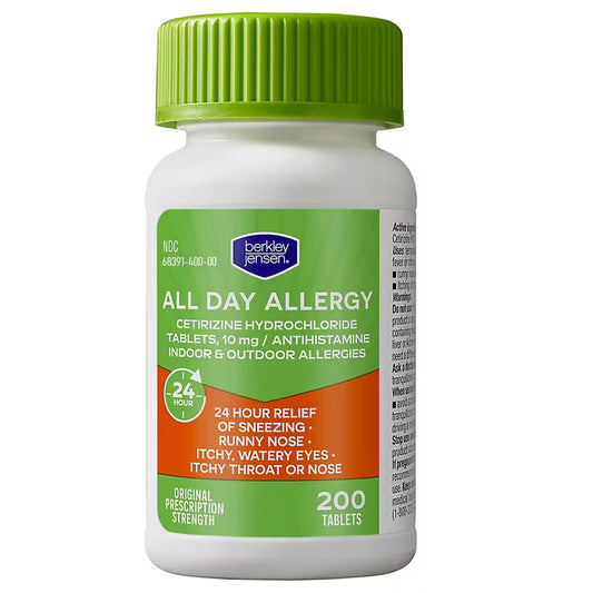 berkley jensen 24 Hour Allergy Relief, 10 mg Cetirizine Hydrochloride Antihistamine - Fast Allergy Medicine for Indoor & Outdoor Allergies, Made in USA