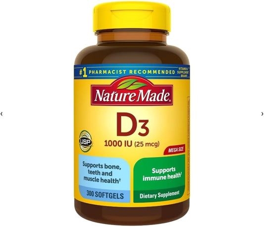 Nature Made Vitamin D3 1000 IU (25 mcg), 300 Softgels, 300 Day Supply