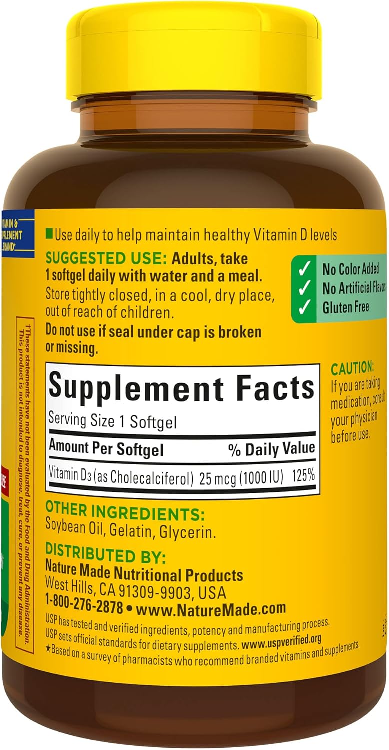 Nature Made Vitamin D3 1000 IU (25 mcg), 300 Softgels, 300 Day Supply