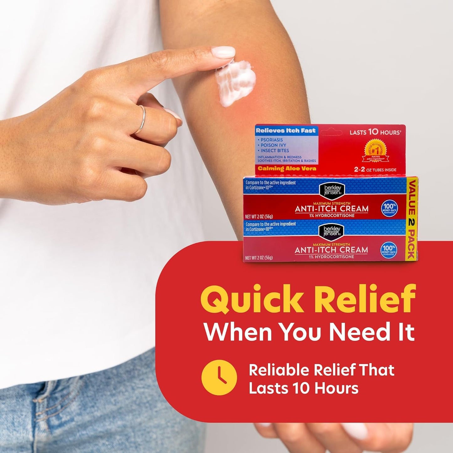 Berkley Jensen Maximum Strength Anti-Itch Cream (4 oz.), with Calming Aloe Vera, 1% Hydrocortisone Itch Relief for Eczema, Psoriasis, Bug Bites, Poison Ivy, Oak and Sumac, 2 oz. Tube (Pack of 2