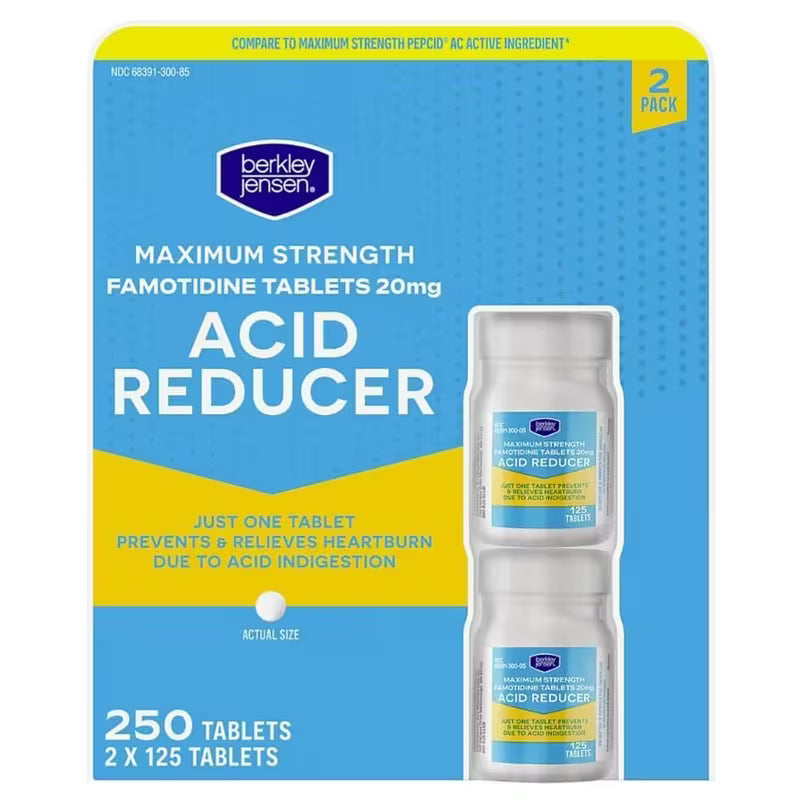 berkley jensen Maximum Strength Famotidine 20 mg - (200 Count), Acid Reducer Tablets, Relieves Meal-Induced Heartburn & Acid Indigestion Symptoms, All-Day Heartburn Prevention & Relief