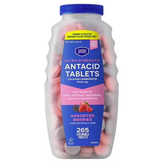 berkley jensen Ultra Strength Antacid Tablets Chewable - 1000mg Calcium Carbonate Antacids for Heartburn, Acid Indigestion, Assorted Berry Flavor - 265 Count (Pack of 1)