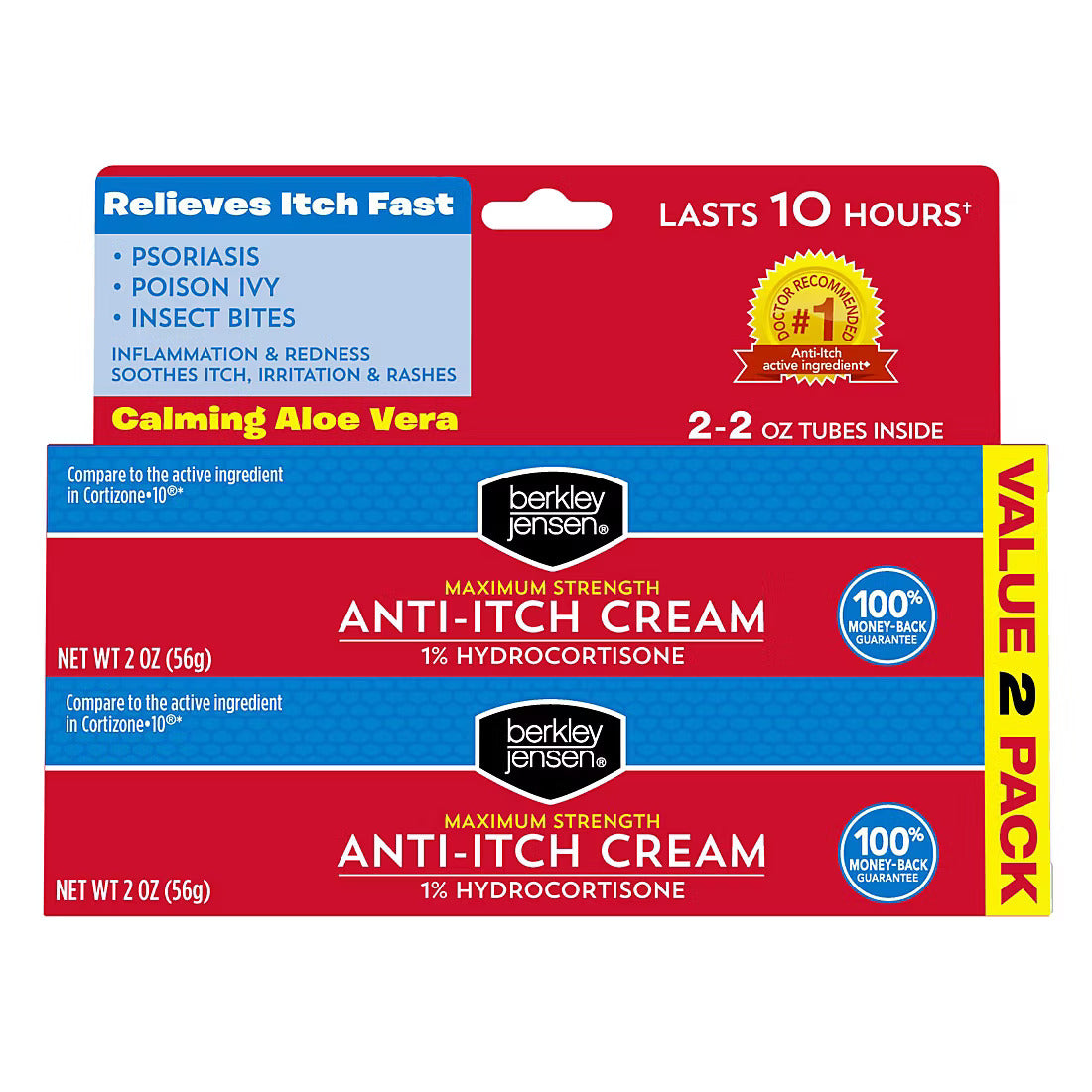 Berkley Jensen Maximum Strength Anti-Itch Cream (4 oz.), with Calming Aloe Vera, 1% Hydrocortisone Itch Relief for Eczema, Psoriasis, Bug Bites, Poison Ivy, Oak and Sumac, 2 oz. Tube (Pack of 2