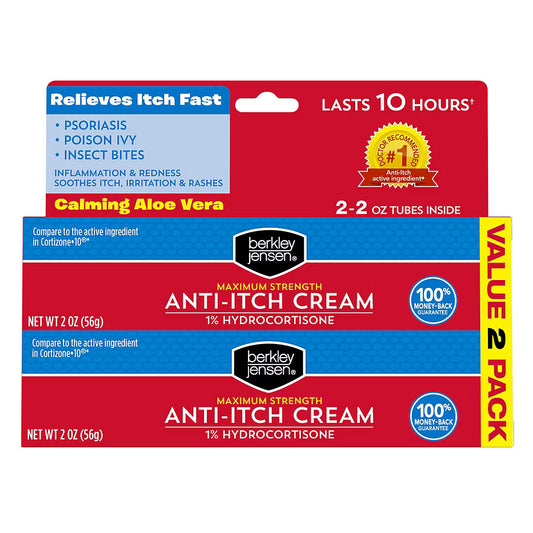 Berkley Jensen Maximum Strength Anti-Itch Cream (4 oz.), with Calming Aloe Vera, 1% Hydrocortisone Itch Relief for Eczema, Psoriasis, Bug Bites, Poison Ivy, Oak and Sumac, 2 oz. Tube (Pack of 2